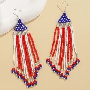 Long Red White & Blue Seed Bead Boho Tassel Earrings